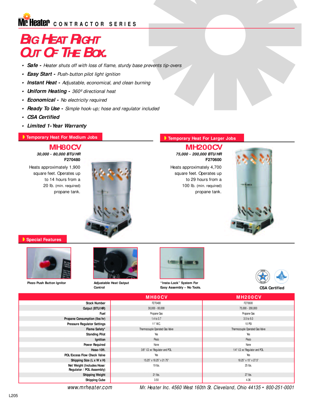 Mr. Heater MH200CV Big Heat Right Out Of The Box, MH80CV, CSA Certified Limited 1-YearWarranty, to 14 hours from a 