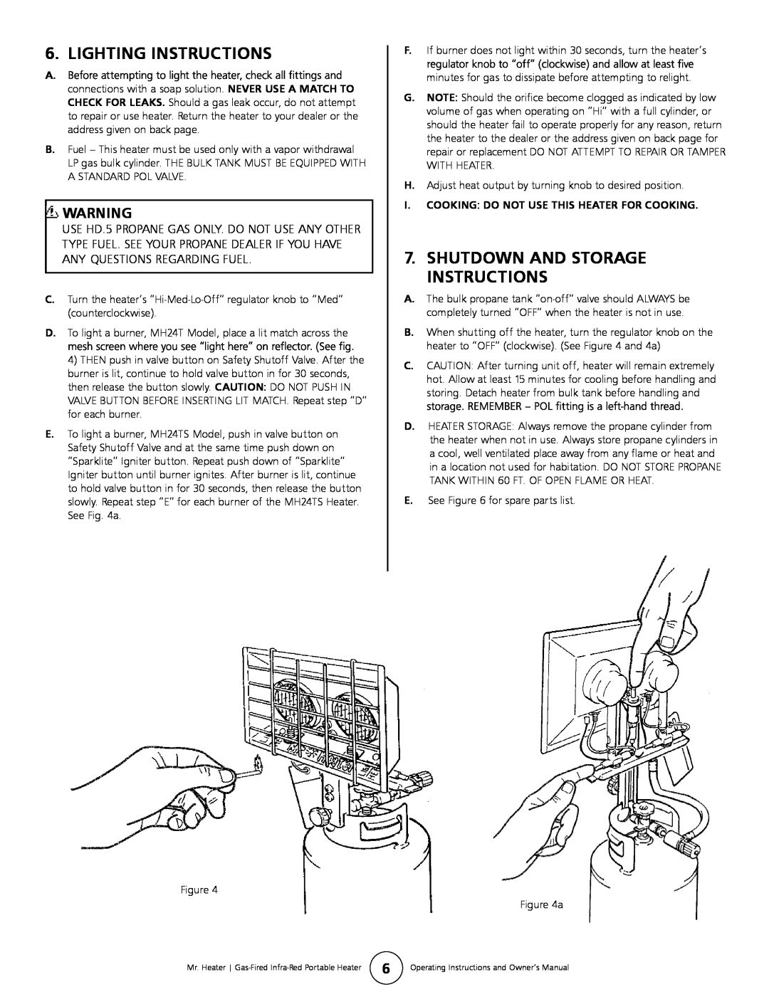 Mr. Heater MH24TS operating instructions Lighting Instructions, Shutdown And Storage Instructions 