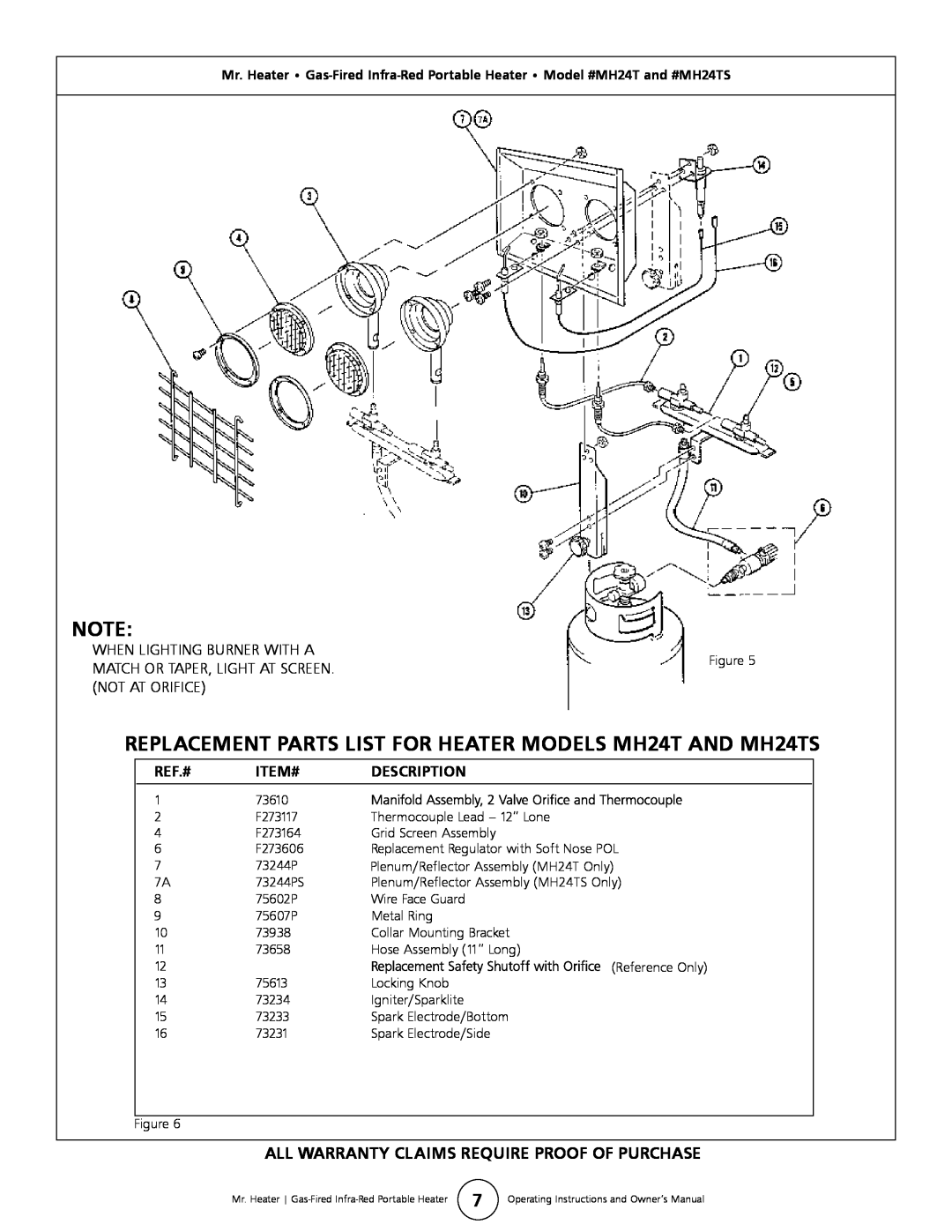 Mr. Heater MH24TS operating instructions All Warranty Claims Require Proof Of Purchase, Ref.# Item# Description 