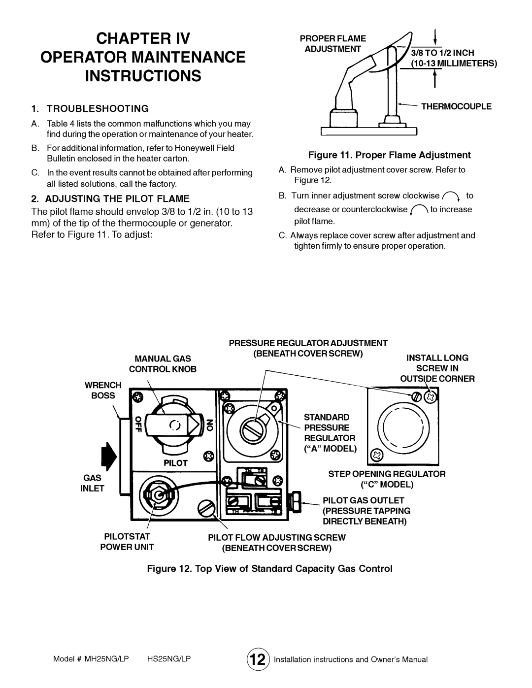 Mr. Heater MH25LP / MH25NG Chapter Operator Maintenance Instructions, Troubleshooting, Adjusting the Pilot Flame, Inlet 