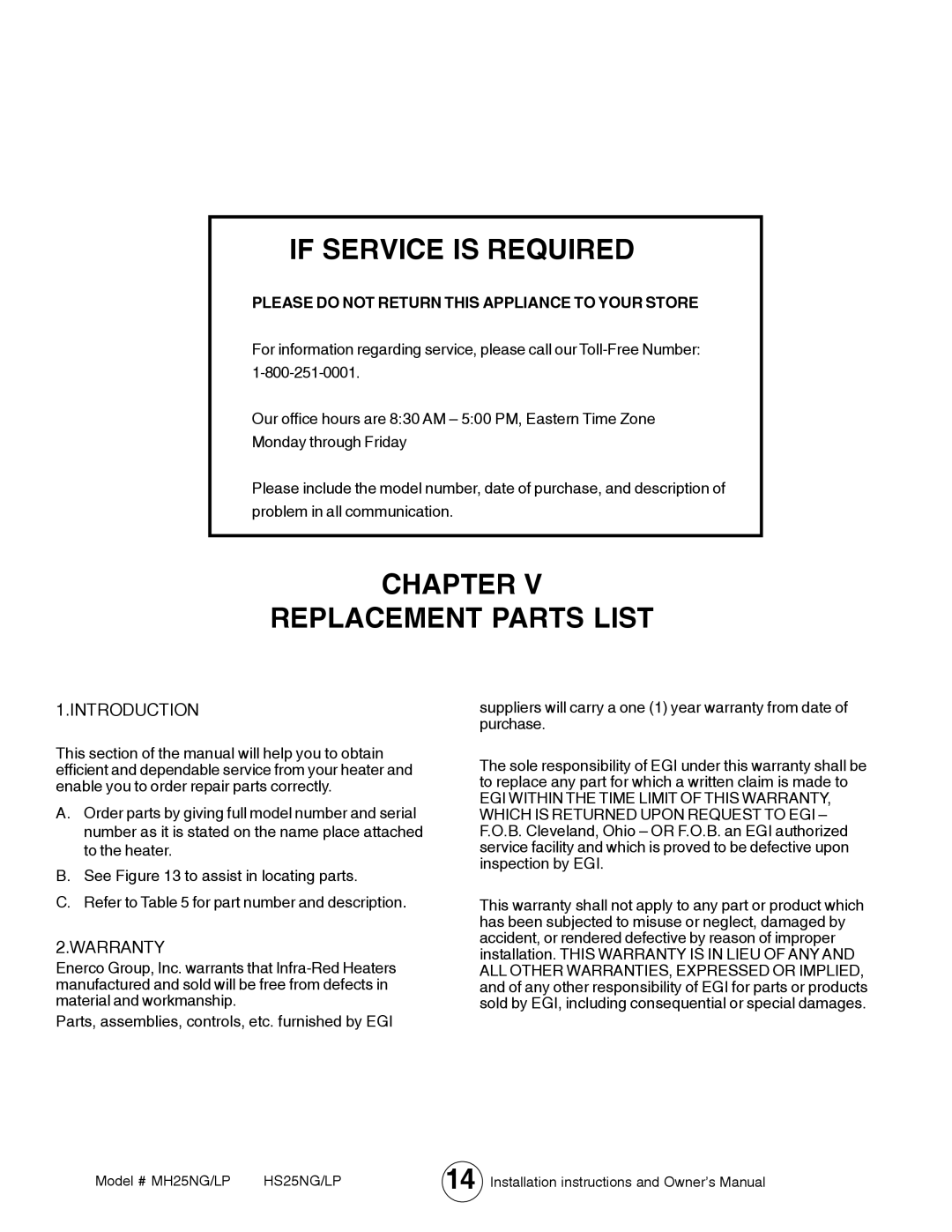 Mr. Heater MH25LP / MH25NG operating instructions If Service is Required, Chapter Replacement Parts List 