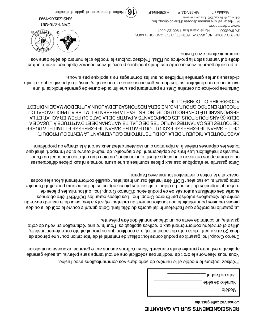 Mr. Heater MH25LP / MH25NG operating instructions 1993-6b.Z83 Ansi, M81-16.2-1 can, Garantie cette Conservez 