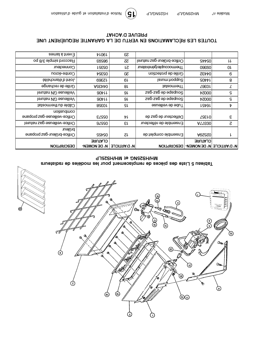 Mr. Heater MH25LP / MH25NG operating instructions Clature Description Nomen DE N ’ARTICLE N 