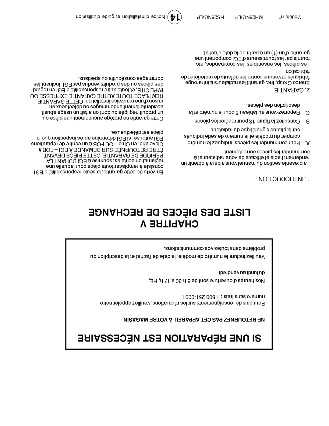 Mr. Heater MH25LP / MH25NG operating instructions Rechange DE Pièces DES Liste V Chapitre, Nécessaire EST Réparation UNE SI 