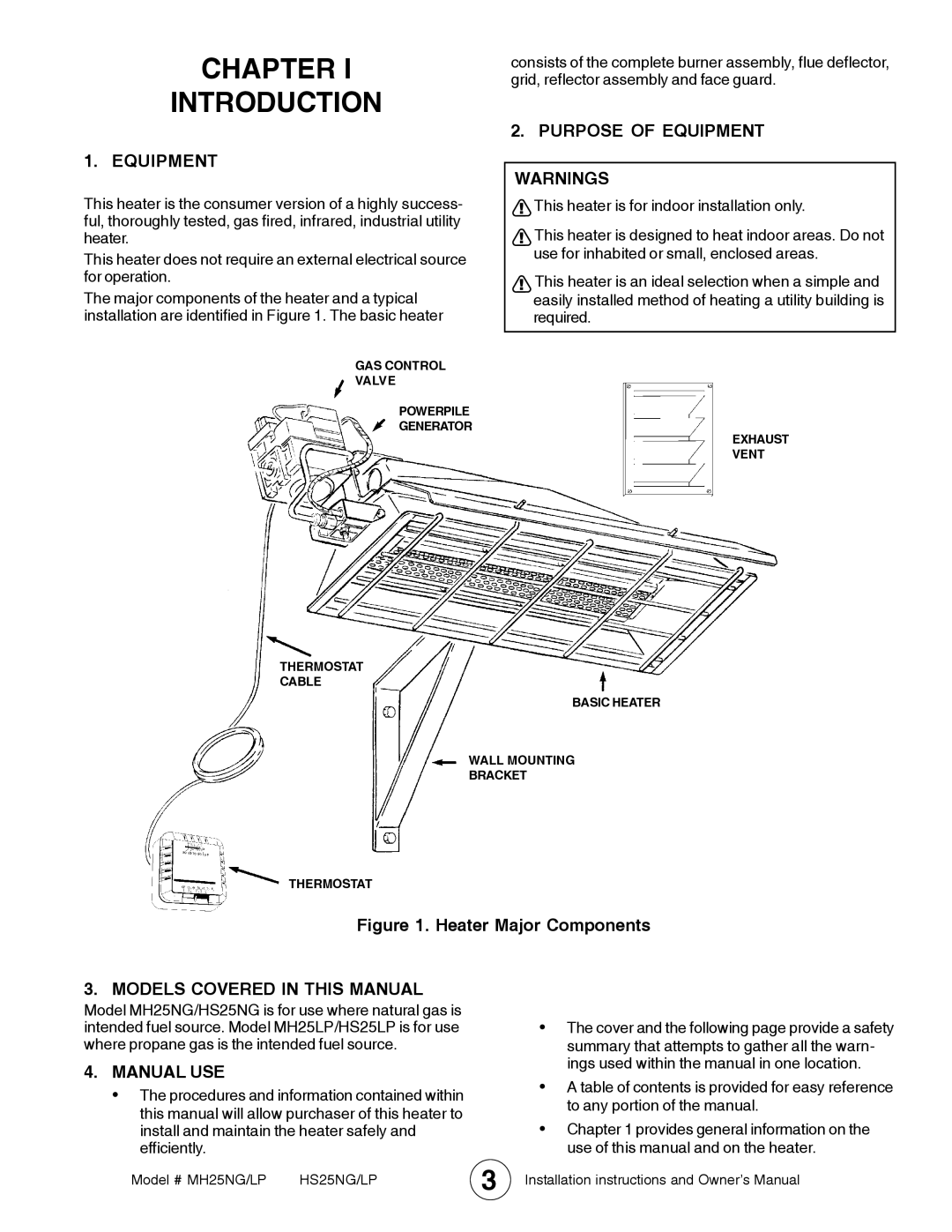 Mr. Heater MH25LP / MH25NG Chapter Introduction, Purpose of Equipment, Models Covered in this Manual, Manual USE 