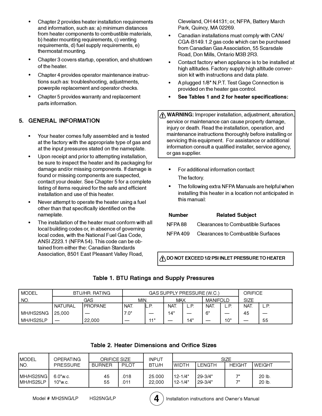 Mr. Heater MH25LP / MH25NG General Information, BTU Ratings and Supply Pressures, Heater Dimensions and Orifice Sizes 