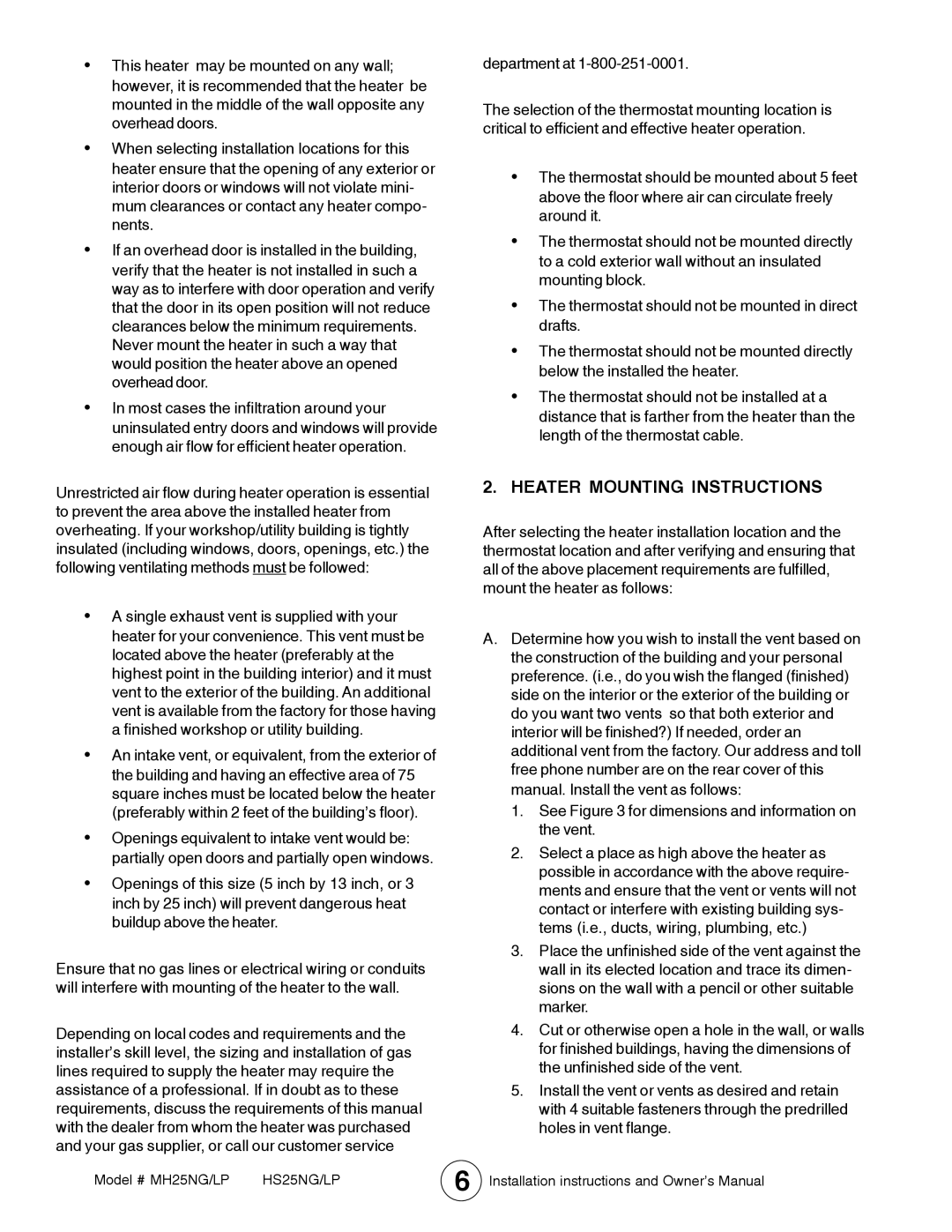 Mr. Heater MH25LP / MH25NG operating instructions Heater Mounting Instructions 