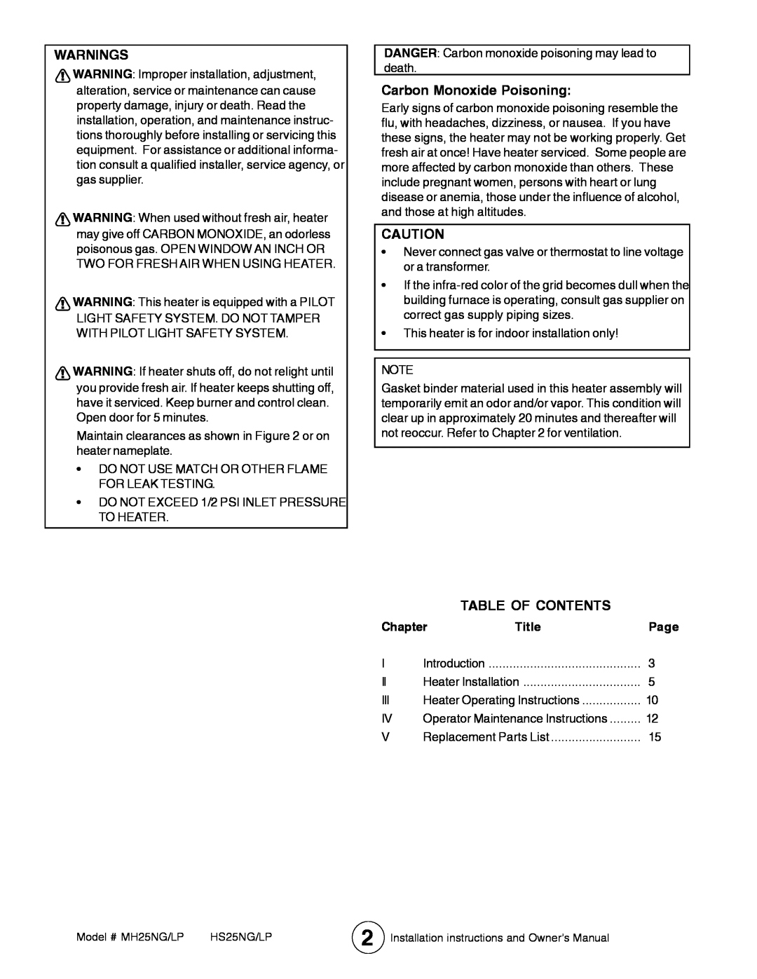 Mr. Heater MH25LP / MH25NG Warnings, Carbon Monoxide Poisoning, Table Of Contents, Chapter, Title, Page 
