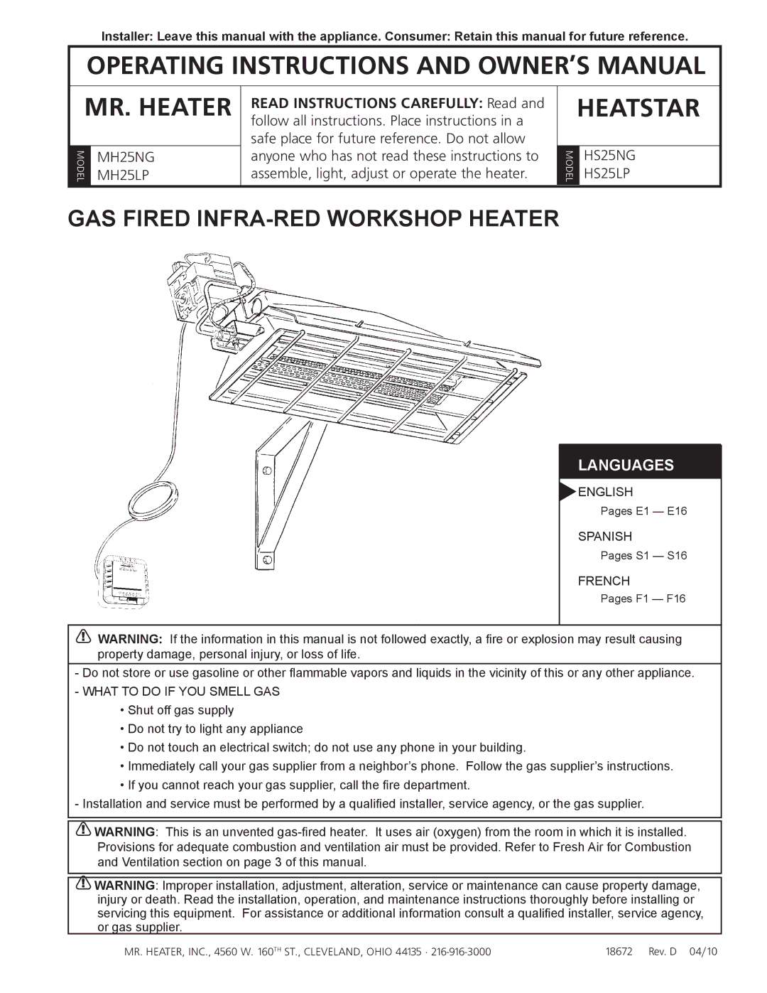 Mr. Heater HS25NG/LP, MH25NG/LP owner manual GAS Fired INFRA-RED Workshop Heater, English, Spanish, French 