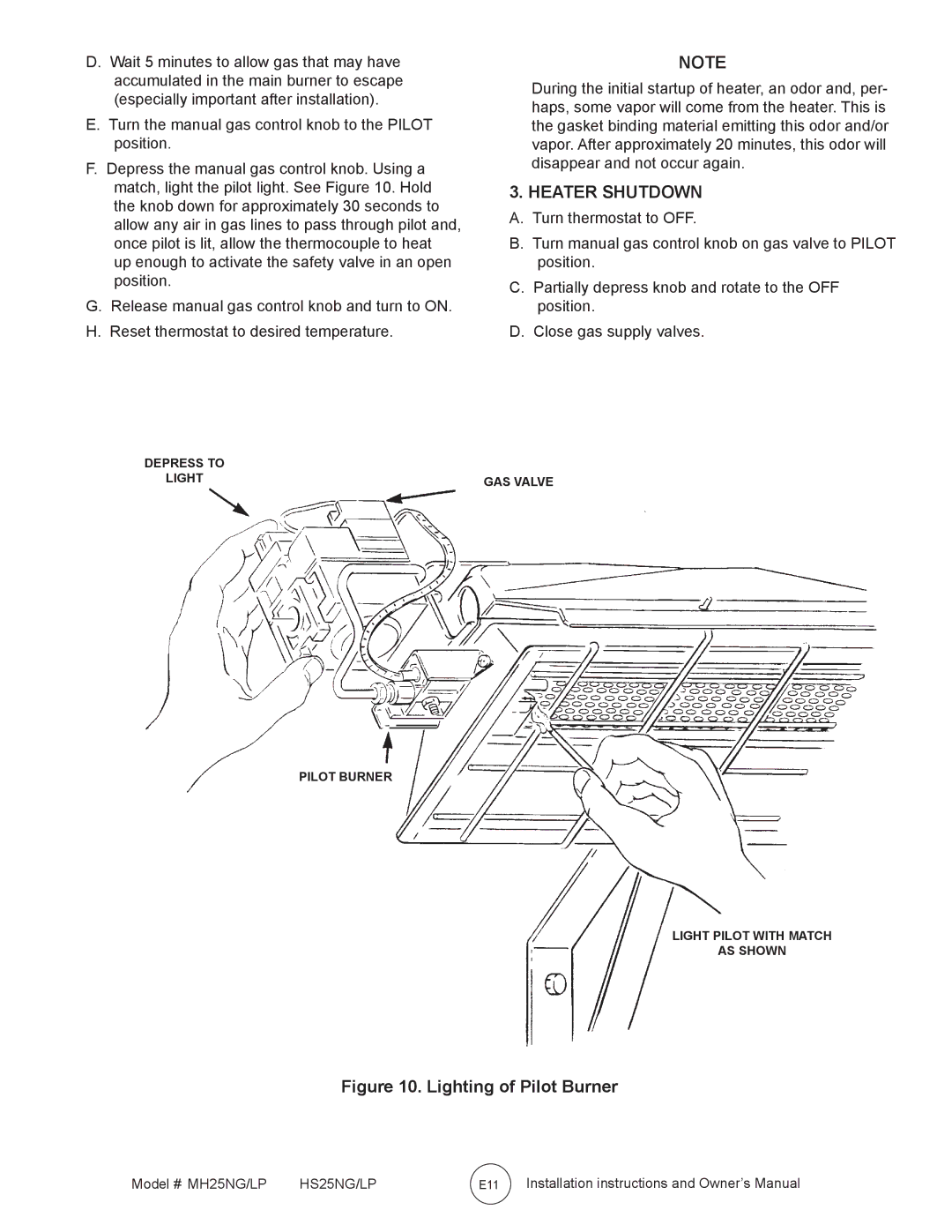 Mr. Heater HS25NG/LP, MH25NG/LP owner manual Heater Shutdown, Lighting of Pilot Burner 