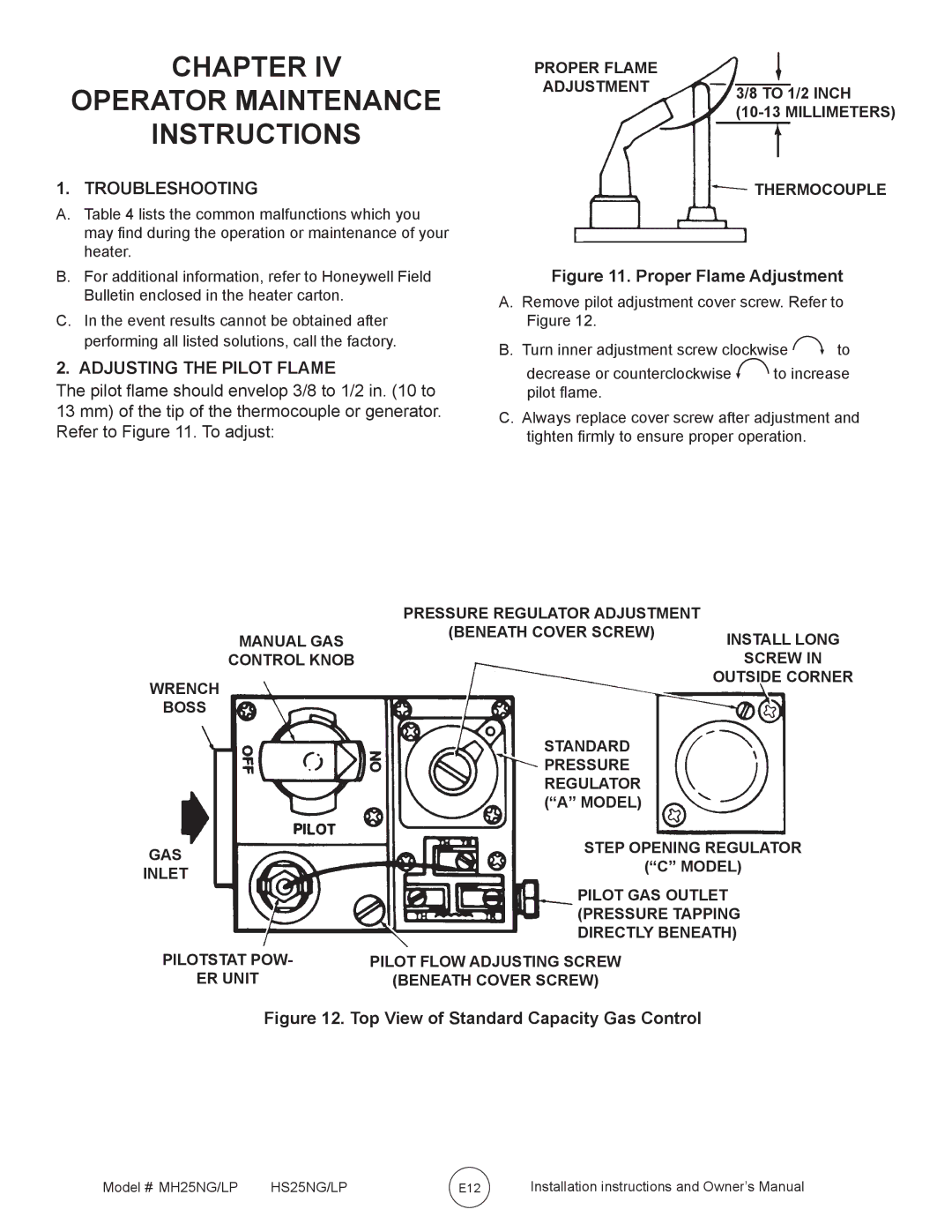 Mr. Heater MH25NG/LP, HS25NG/LP Chapter Operator Maintenance Instructions, Troubleshooting, Adjusting the Pilot Flame 