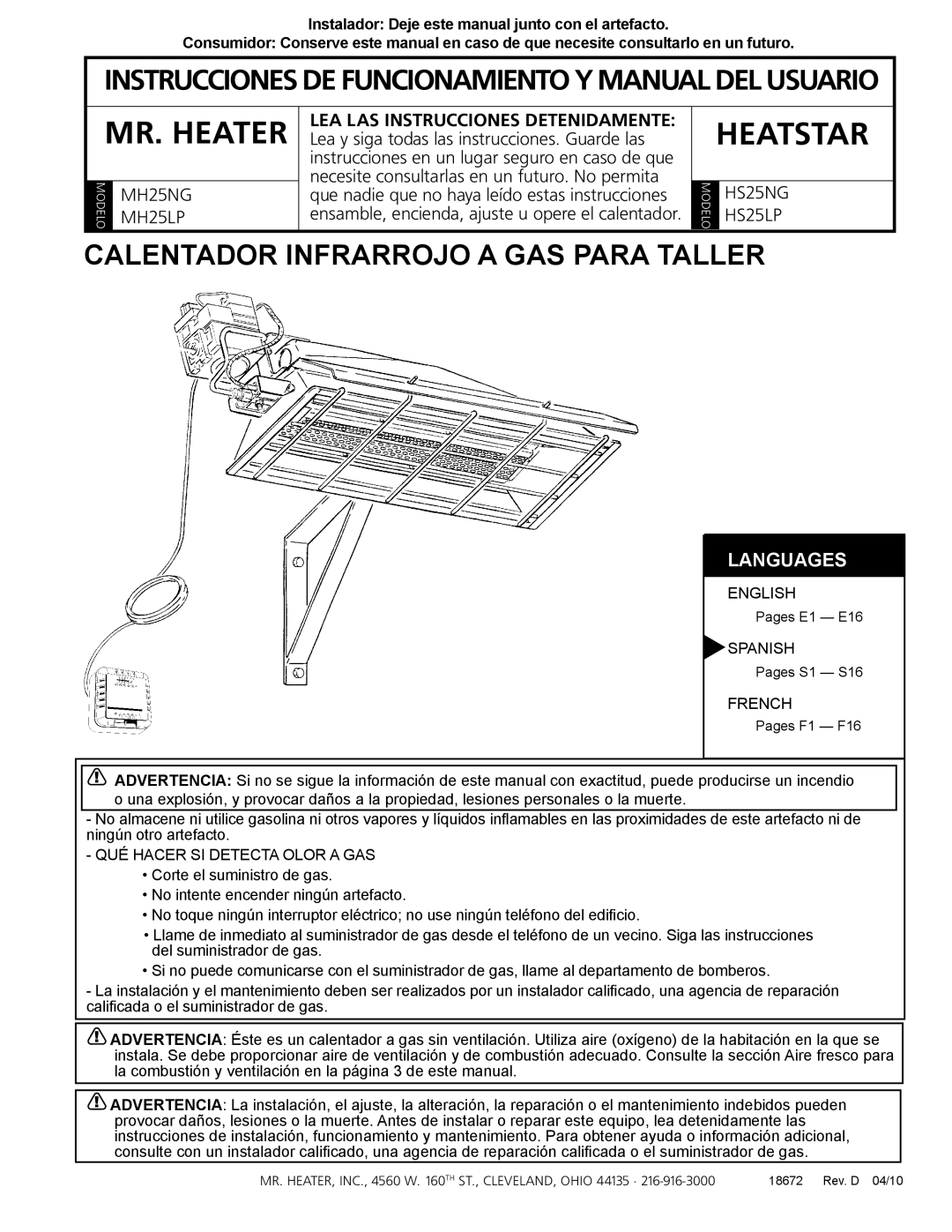 Mr. Heater HS25NG/LP, MH25NG/LP owner manual Calentador Infrarrojo a GAS Para Taller, QUÉ Hacer SI Detecta Olor a GAS 