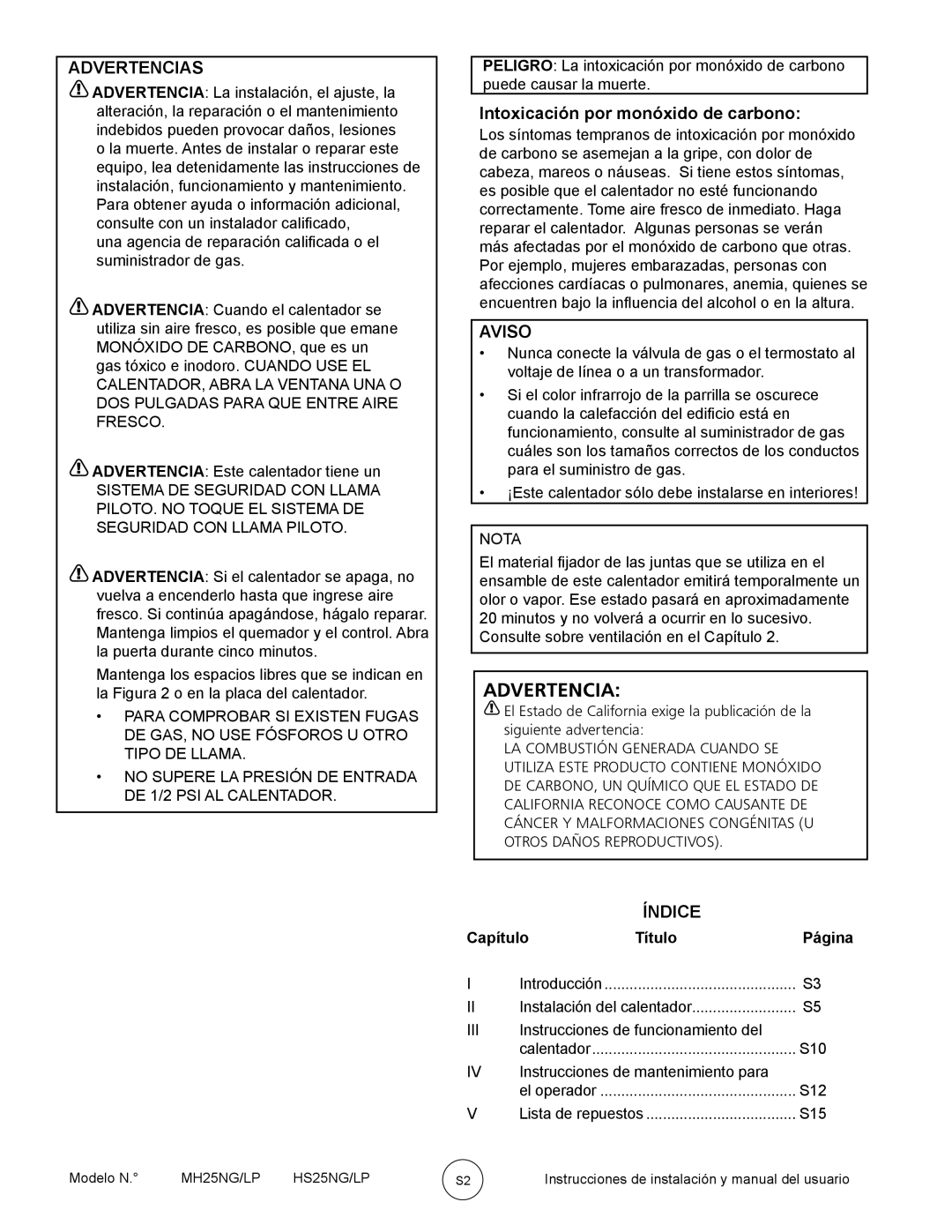 Mr. Heater MH25NG/LP, HS25NG/LP Advertencias, Intoxicación por monóxido de carbono, Aviso, Índice, Capítulo Título 