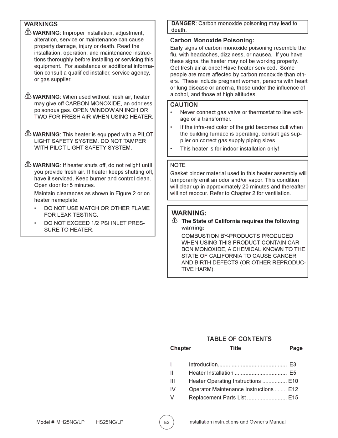 Mr. Heater MH25NG/LP, HS25NG/LP owner manual Table of Contents 