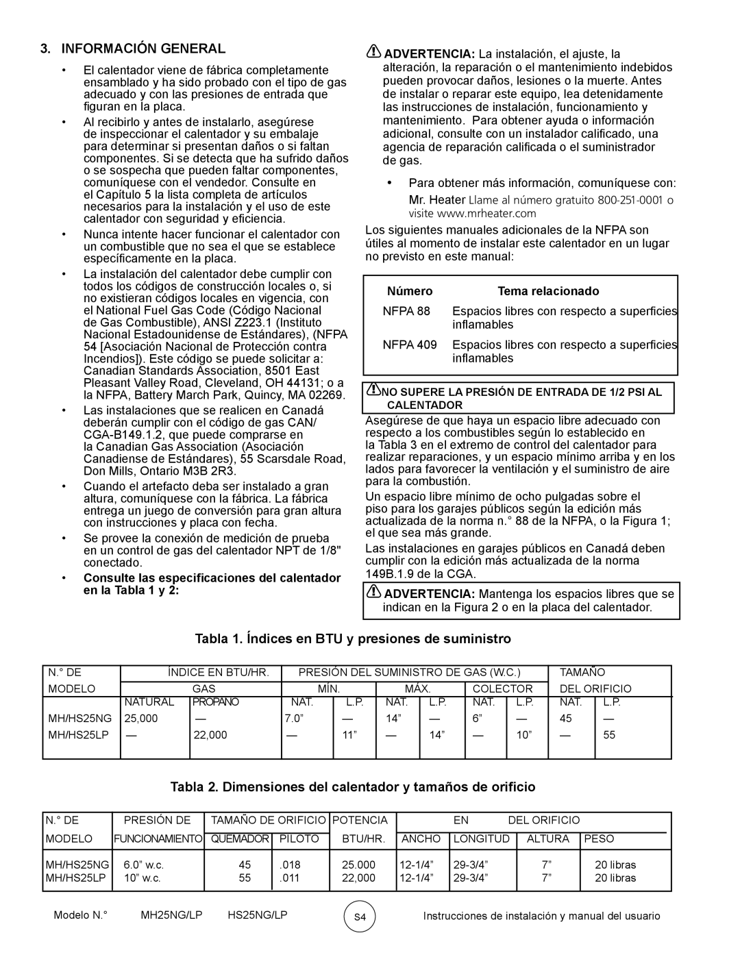 Mr. Heater MH25NG/LP Información General, Tabla 1. Índices en BTU y presiones de suministro, Número Tema relacionado, Nfpa 