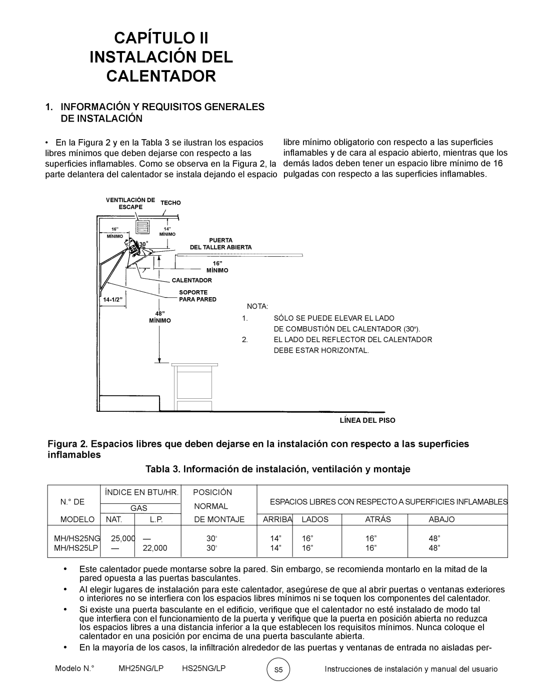 Mr. Heater HS25NG/LP, MH25NG/LP Capítulo Instalación DEL Calentador, Información Y Requisitos Generales DE Instalación 