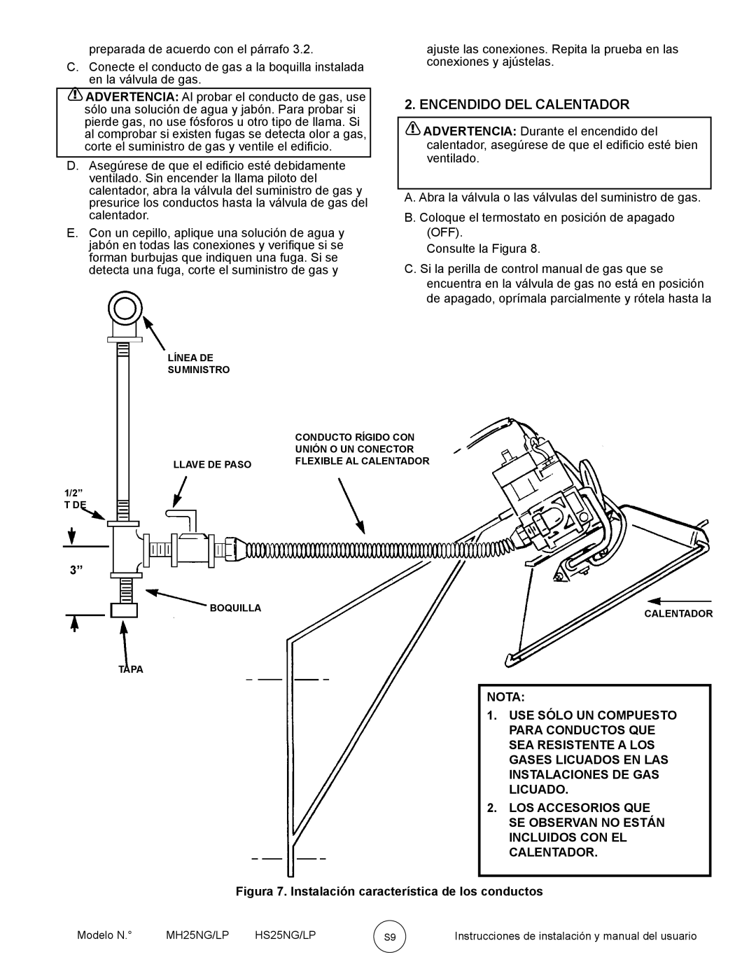 Mr. Heater HS25NG/LP, MH25NG/LP owner manual Encendido DEL Calentador, Figura 7. Instalación característica de los conductos 