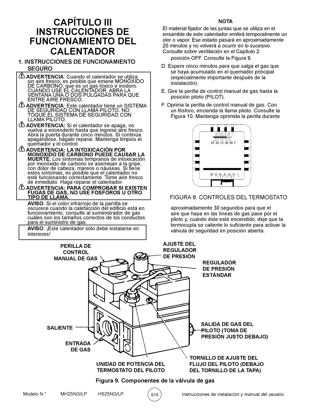 Mr. Heater MH25NG/LP Capítulo Instrucciones DE Funcionamiento DEL Calentador, Instrucciones DE Funcionamiento Seguro, Nota 