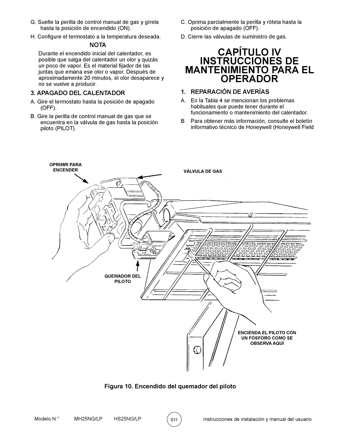 Mr. Heater HS25NG/LP, MH25NG/LP Capítulo Instrucciones DE Mantenimiento Para EL Operador, Nota, Apagado DEL Calentador 