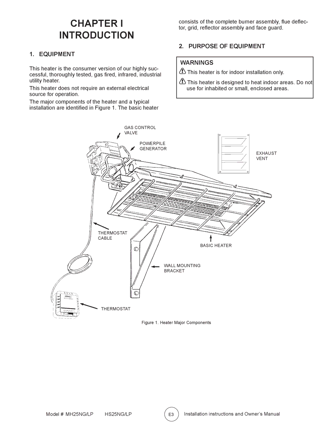 Mr. Heater HS25NG/LP, MH25NG/LP owner manual Chapter Introduction, Purpose of Equipment 