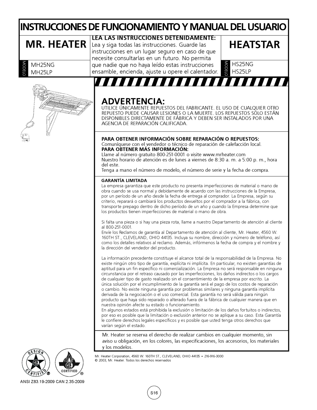 Mr. Heater MH25NG/LP Instruccionesde Funcionamientoy Manualdel Usuario, Advertencia, Para Obtener MÁS Información 