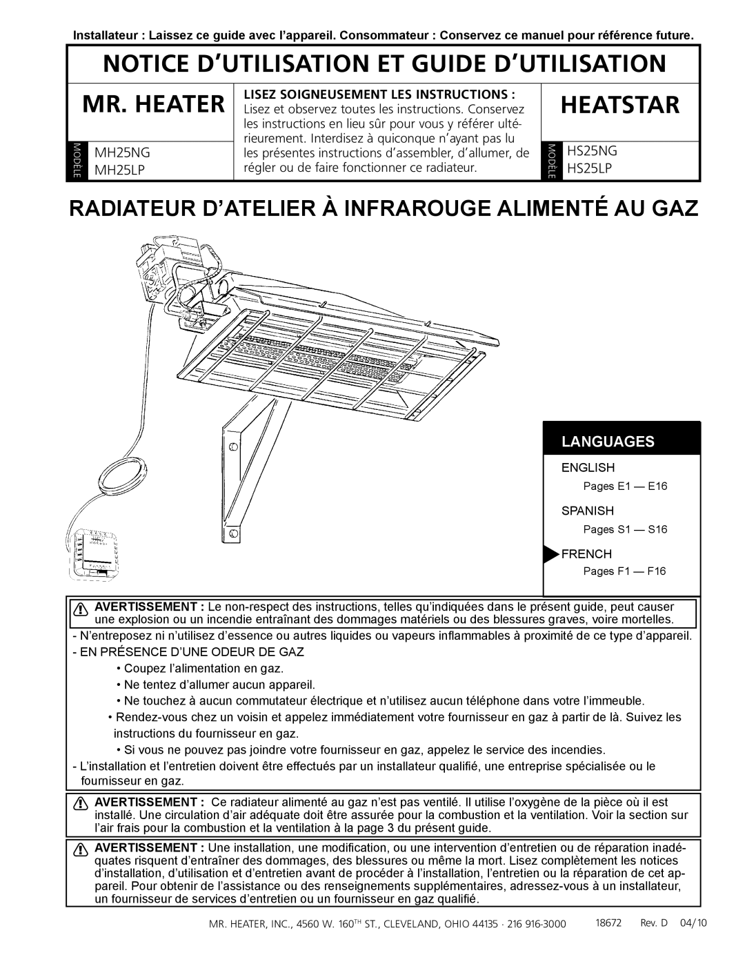 Mr. Heater HS25NG/LP, MH25NG/LP Radiateur D’ATELIER À Infrarouge Alimenté AU GAZ, EN Présence D’UNE Odeur DE GAZ 