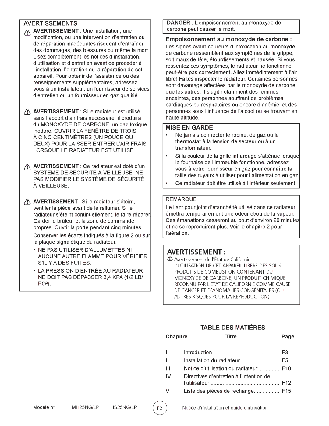 Mr. Heater MH25NG/LP, HS25NG/LP Avertissements, Empoisonnement au monoxyde de carbone, Mise EN Garde, Table DES Matières 