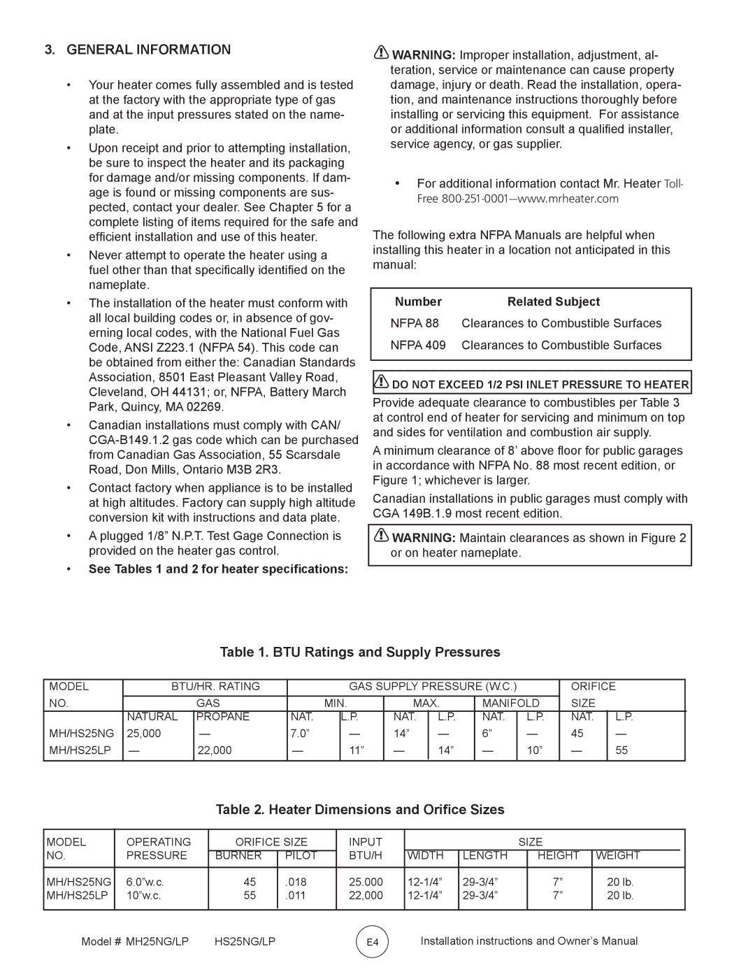 Mr. Heater MH25NG/LP, HS25NG/LP General Information, BTU Ratings and Supply Pressures, Heater Dimensions and Orifice Sizes 