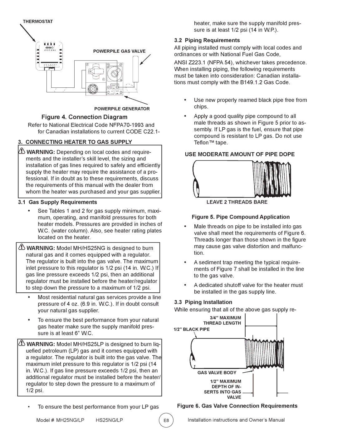 Mr. Heater MH25NG/LP Connecting Heater to GAS Supply, Gas Supply Requirements, Piping Requirements, Piping Installation 