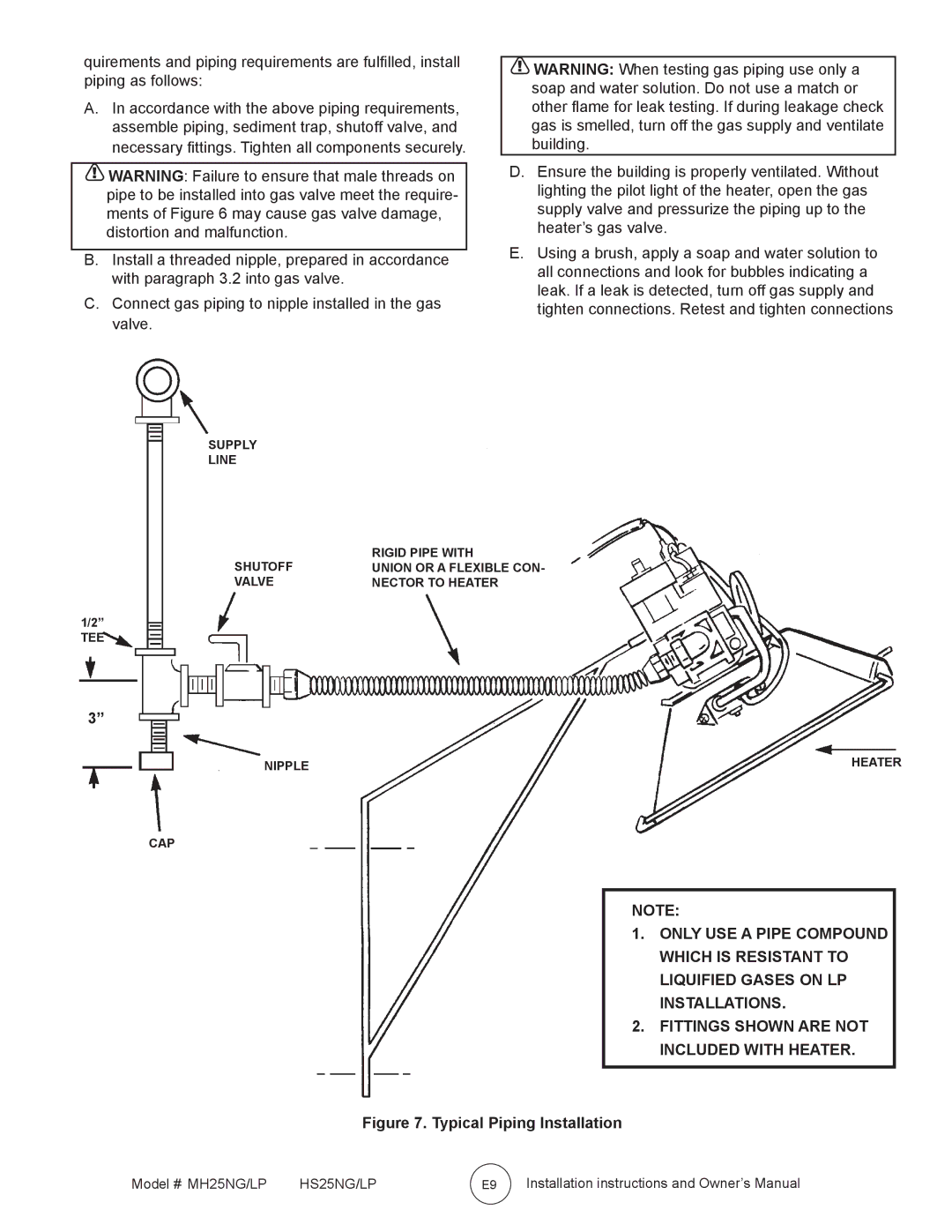 Mr. Heater HS25NG/LP, MH25NG/LP owner manual Typical Piping Installation 