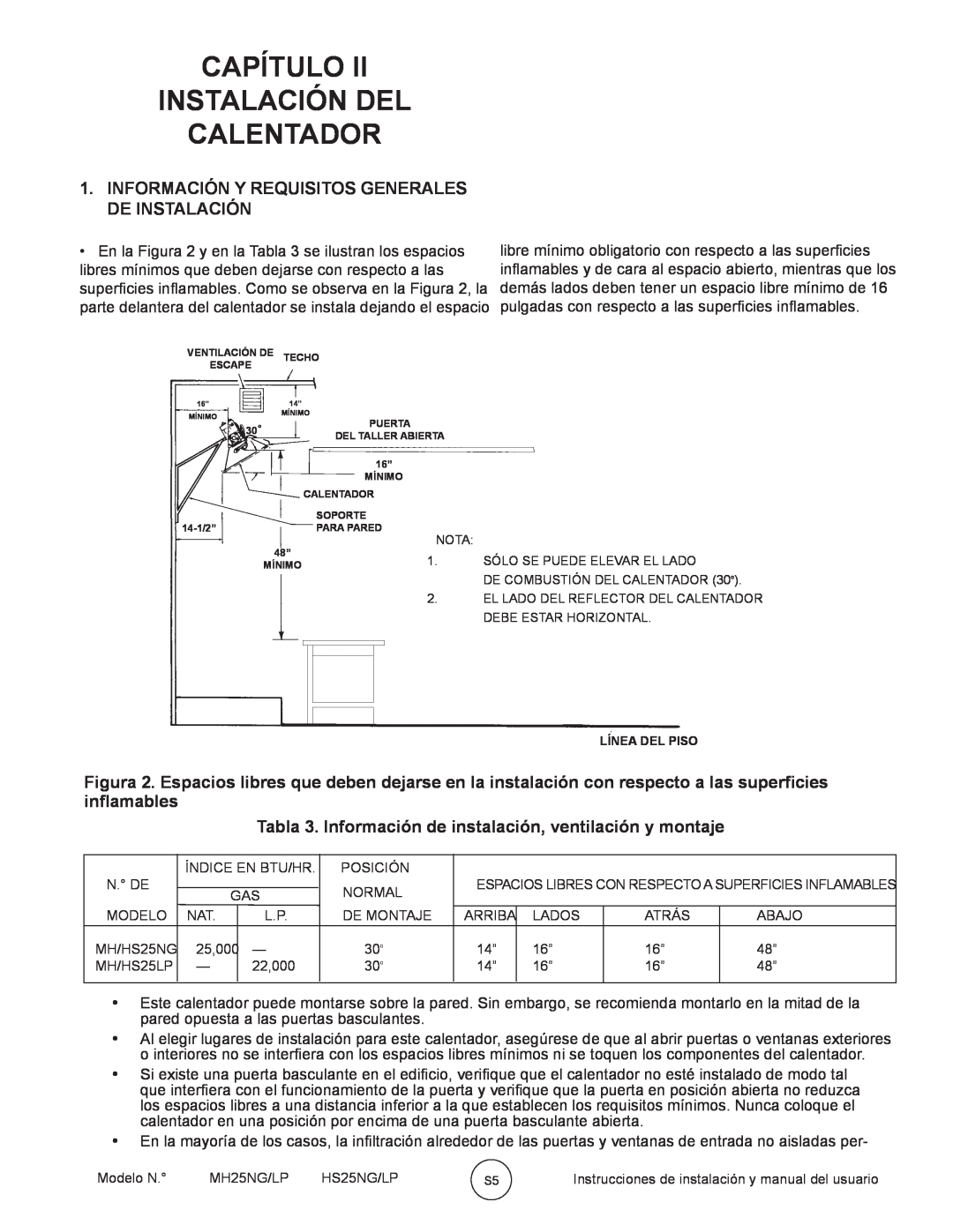 Mr. Heater HS25NG/LP, MH25NG/LP owner manual Capítulo Instalación Del Calentador 
