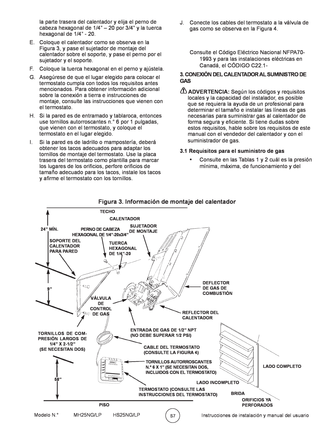 Mr. Heater HS25NG/LP Figura 3. Información de montaje del calentador, Conexión Del Calentador Al Suministro De Gas 