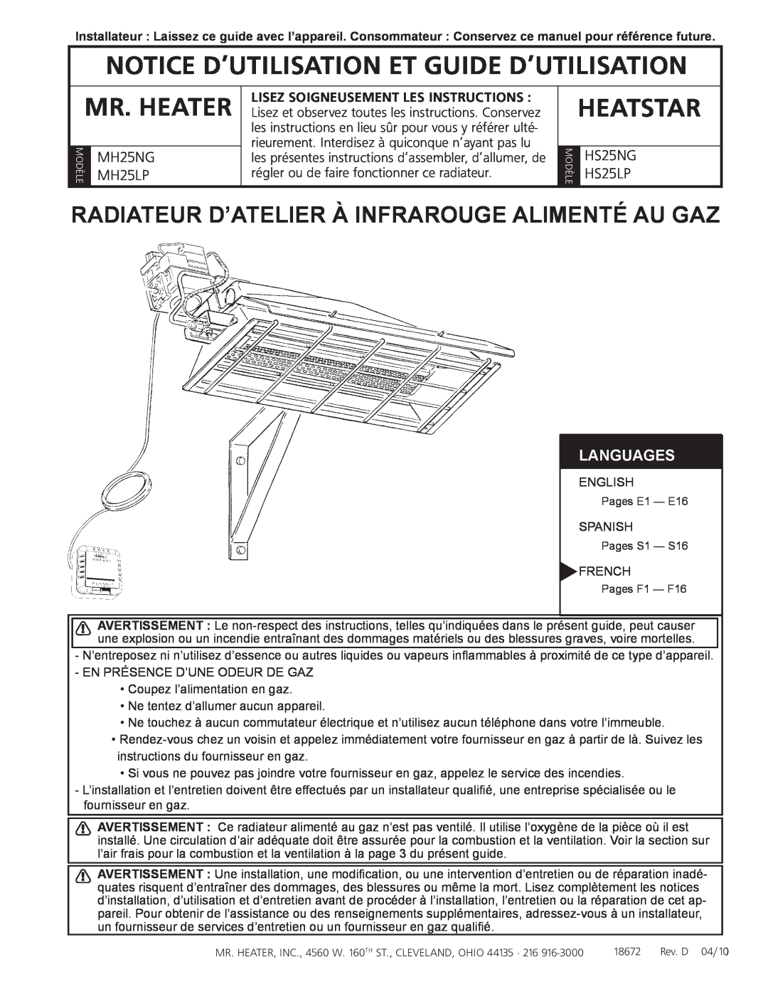 Mr. Heater HS25NG/LP Notice d’utilisation et guide d’utilisation, Radiateur D’Atelier À Infrarouge Alimenté Au Gaz, MH25NG 