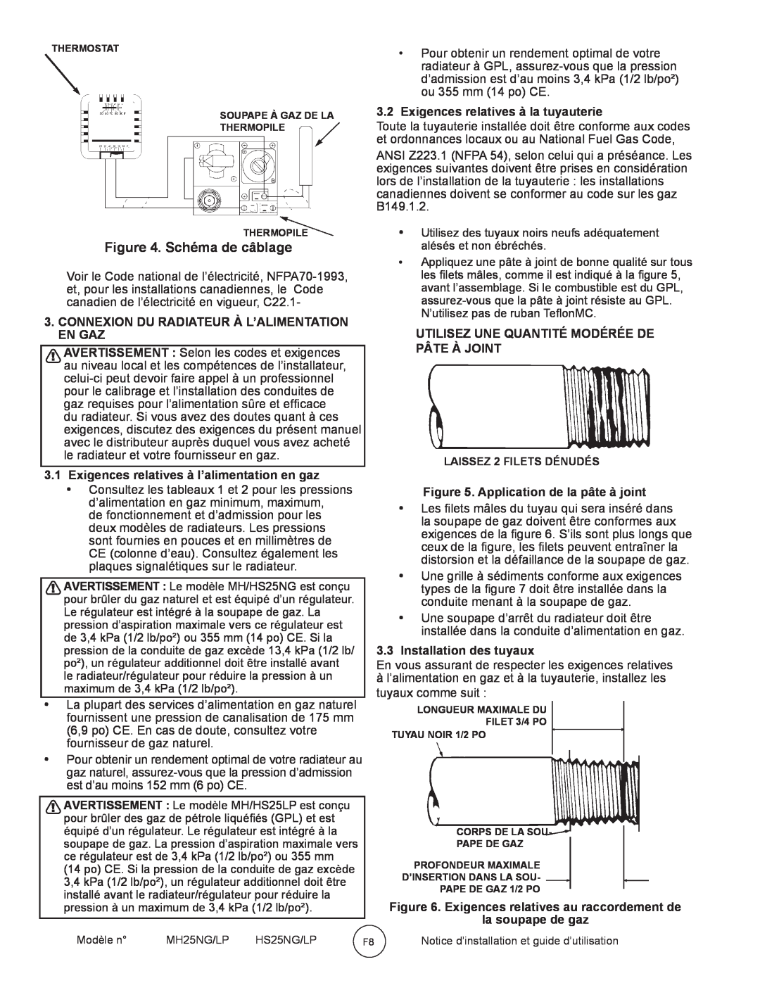Mr. Heater MH25NG/LP Schéma de câblage, Connexion Du Radiateur À L’Alimentation En Gaz, Application de la pâte à joint 