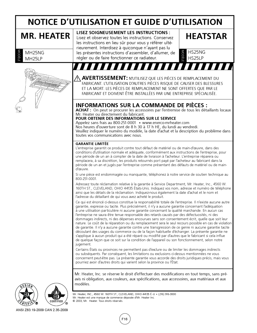 Mr. Heater MH25NG/LP Notice D’Utilisation Et Guide D’Utilisation, Informations Sur La Commande De Pièces, Mr. Heater 