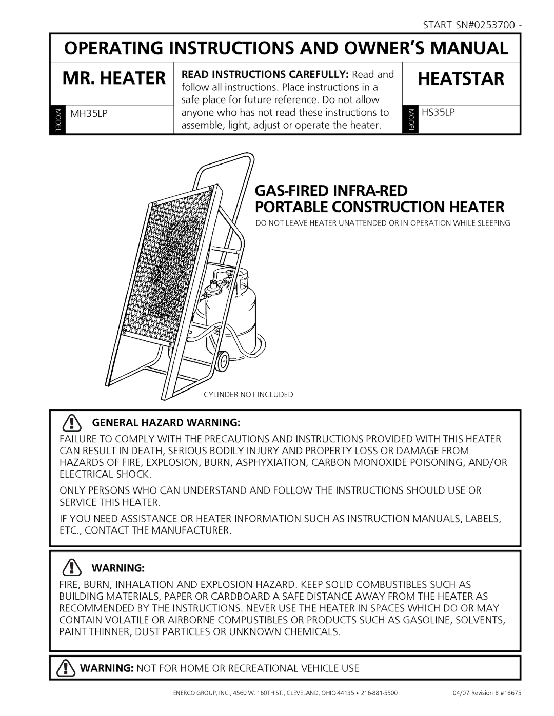 Mr. Heater HS35LP, MH35LP owner manual MR. Heater, General Hazard Warning 