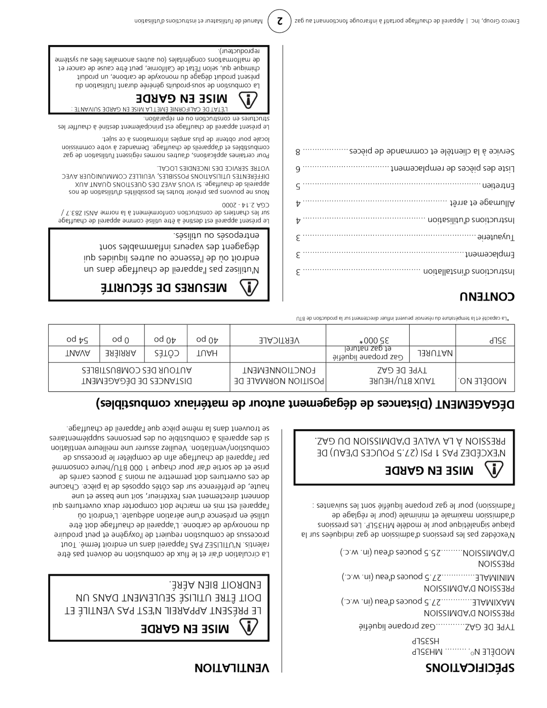 Mr. Heater HS35LP, MH35LP owner manual Sécurité DE Mesures, Contenu, Garde EN Mise Ventilation 