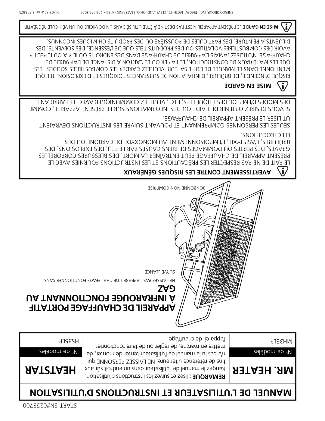 Mr. Heater MH35LP, HS35LP owner manual Garde EN Mise, Généraux Risques LES Contre Avertissement 