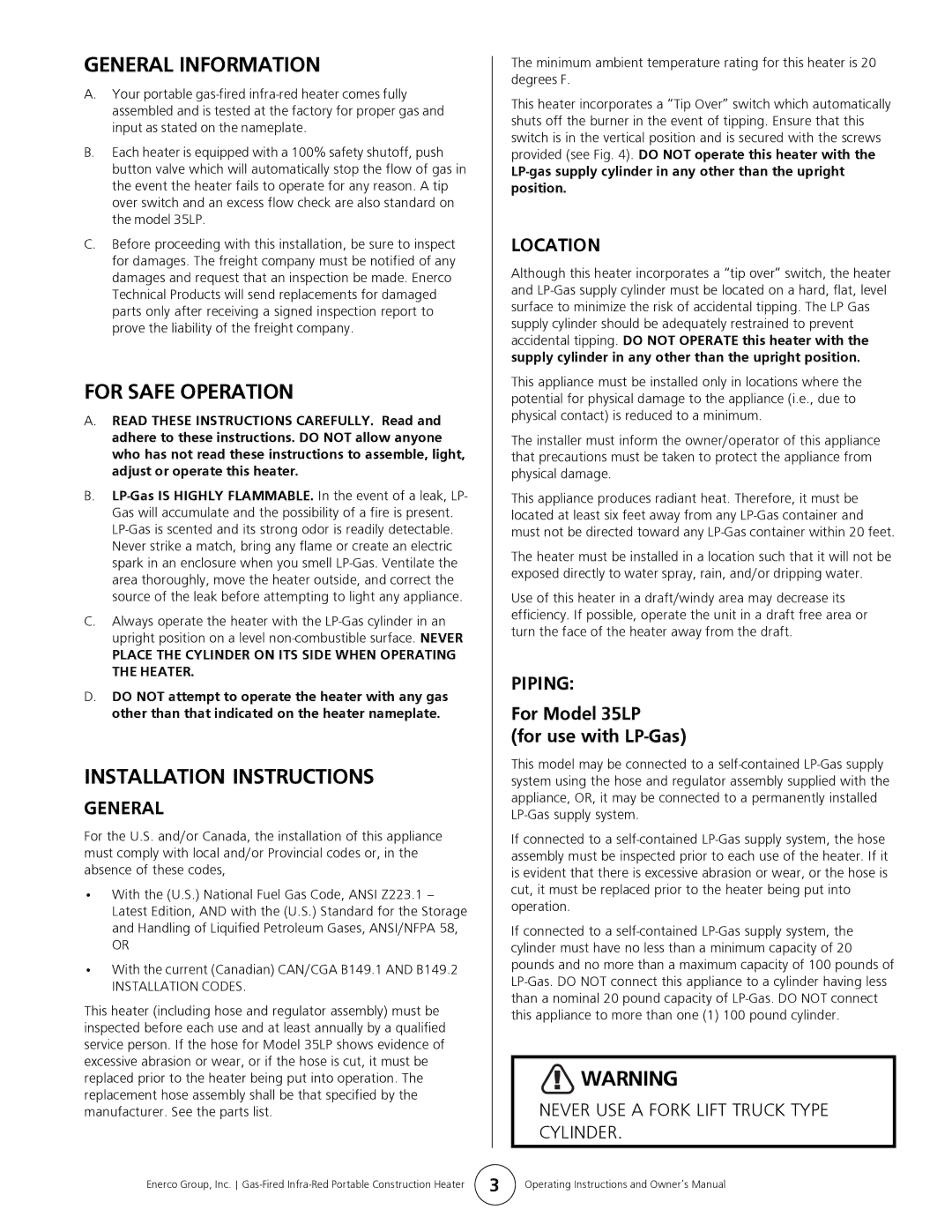 Mr. Heater HS35LP, MH35LP owner manual General Information, For Safe Operation, Installation Instructions 