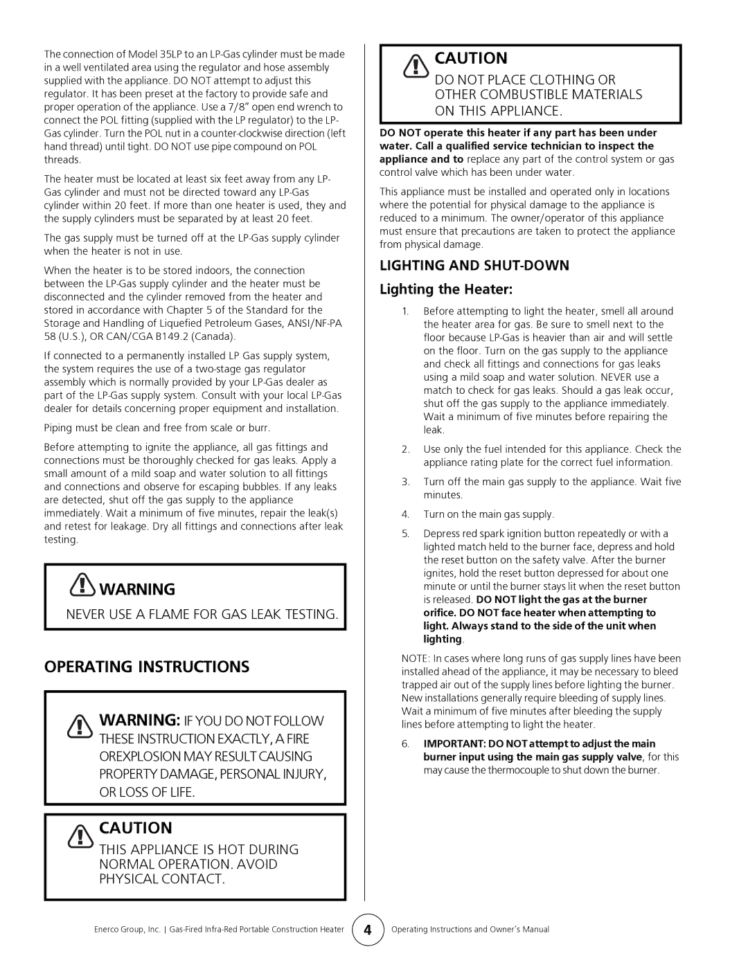 Mr. Heater MH35LP, HS35LP owner manual Operating Instructions, Lighting and SHUT-DOWN 