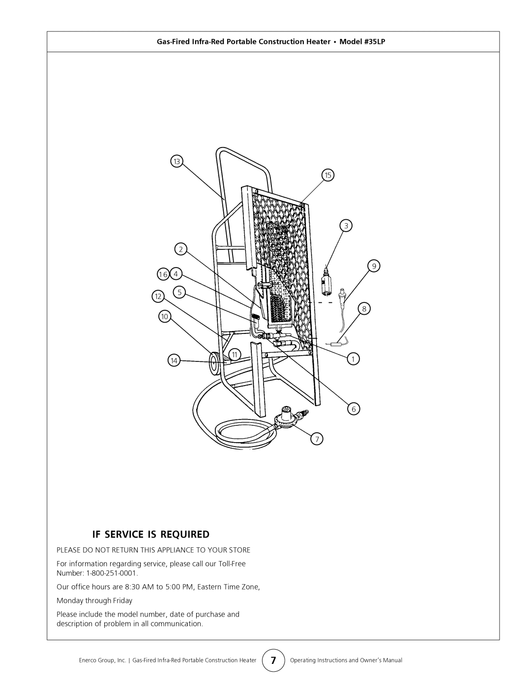 Mr. Heater HS35LP, MH35LP owner manual If Service is Required, Please do not Return this Appliance to Your Store 