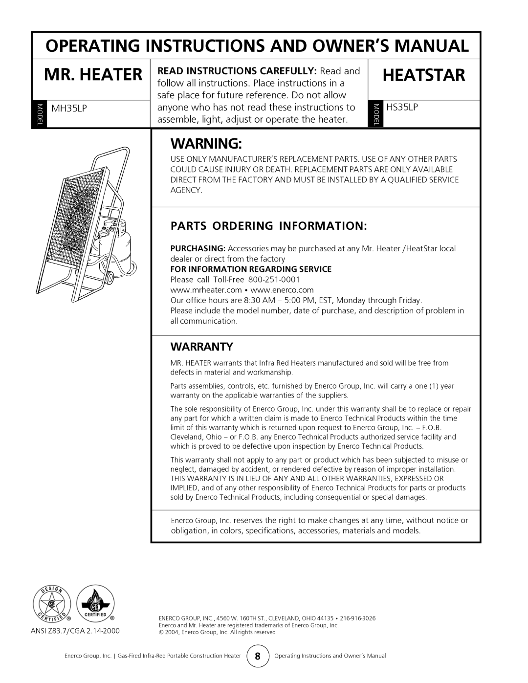 Mr. Heater MH35LP, HS35LP owner manual Parts Ordering Information, Warranty 