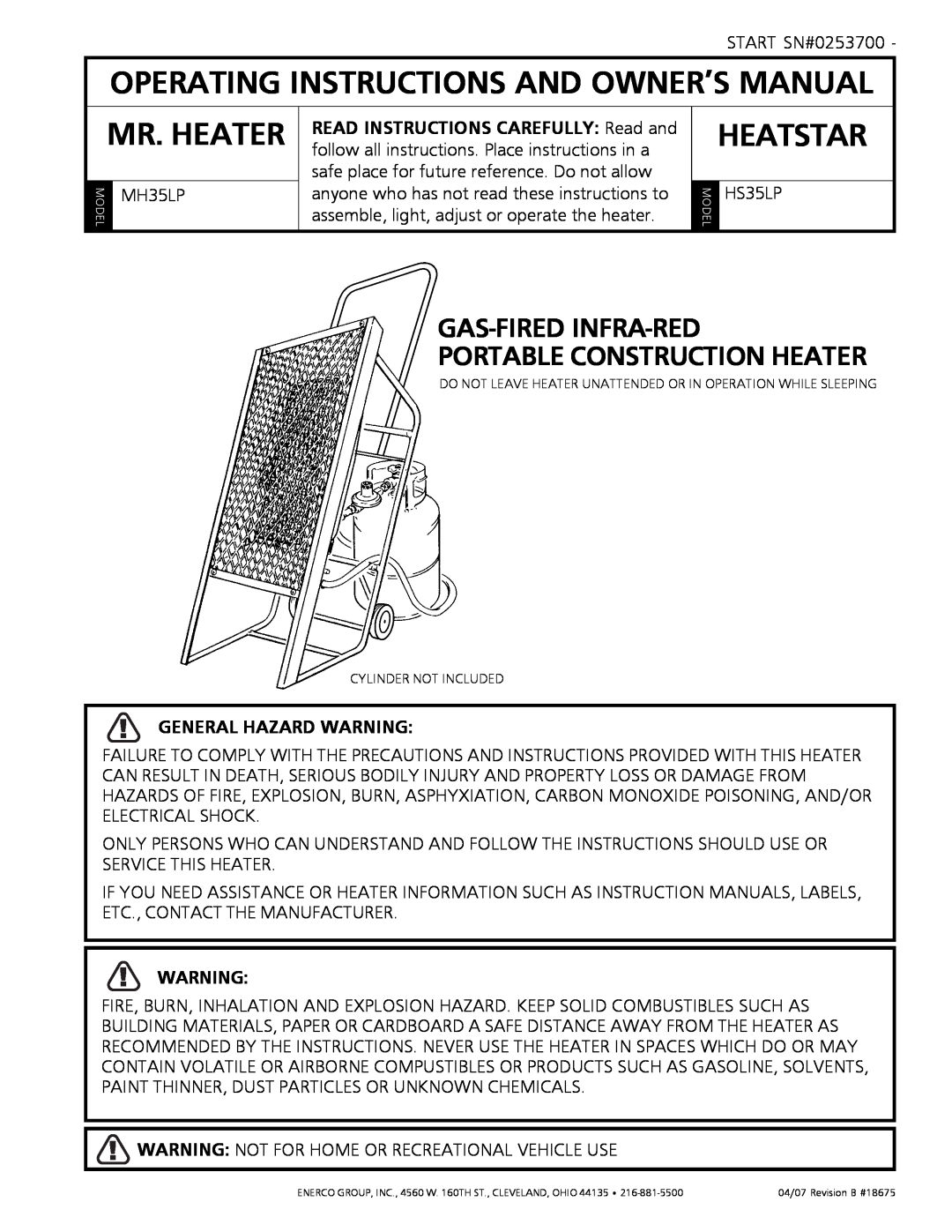 Mr. Heater HS35LP, MH35LP owner manual Mr. Heater, Heatstar, Gas-Fired Infra-Red Portable Construction Heater 