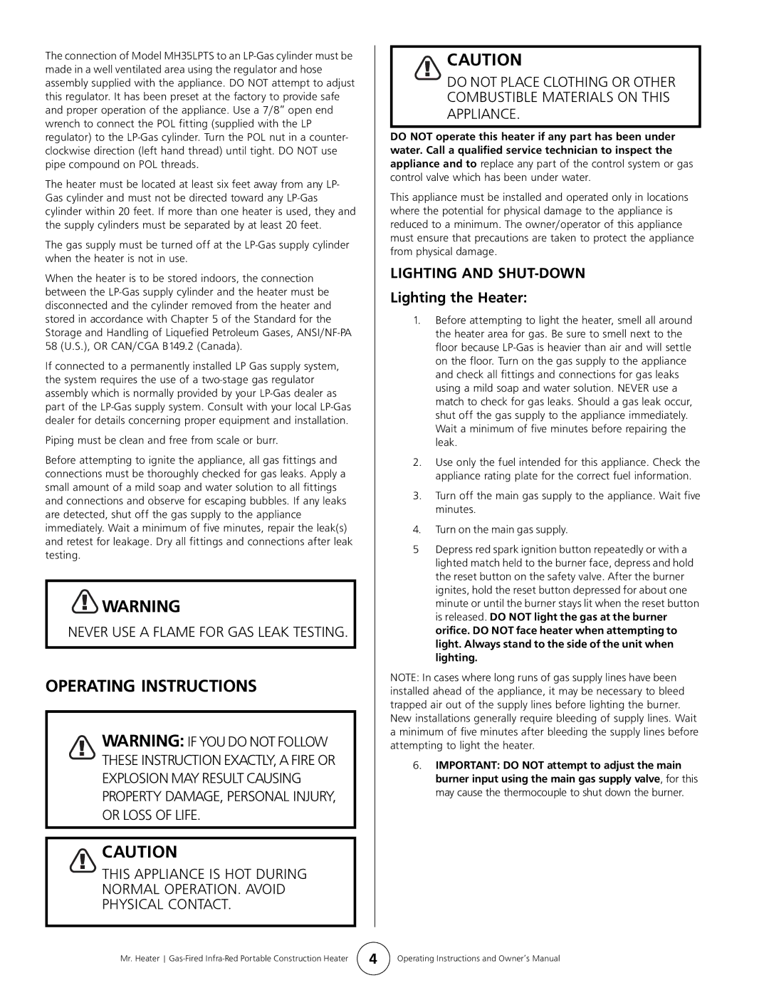 Mr. Heater MH35LPTS owner manual Operating Instructions, Lighting and SHUT-DOWN, Lighting the Heater 