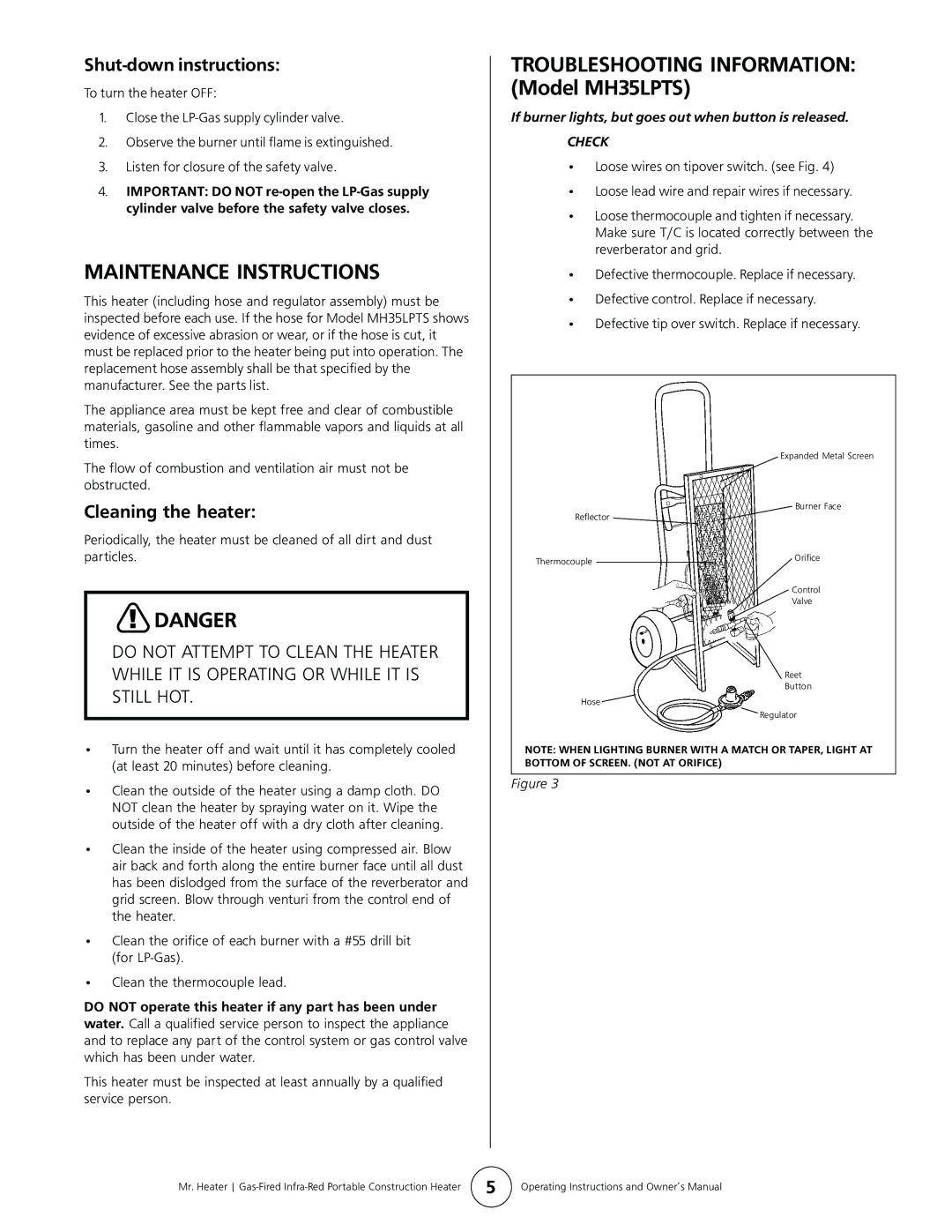 Mr. Heater MH35LPTS owner manual Maintenance Instructions, Shut-down instructions, Cleaning the heater 