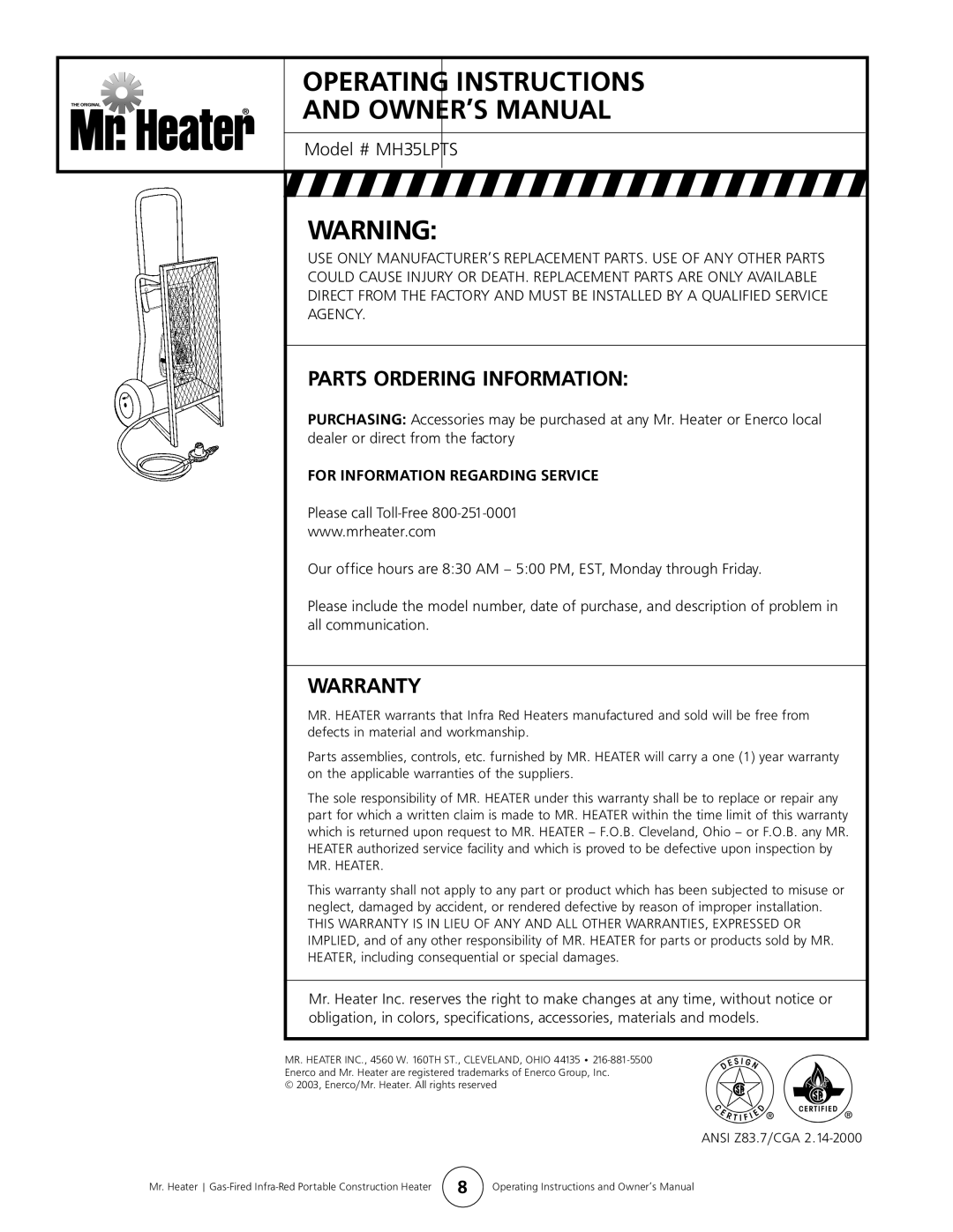 Mr. Heater MH35LPTS owner manual Parts Ordering Information, Warranty 