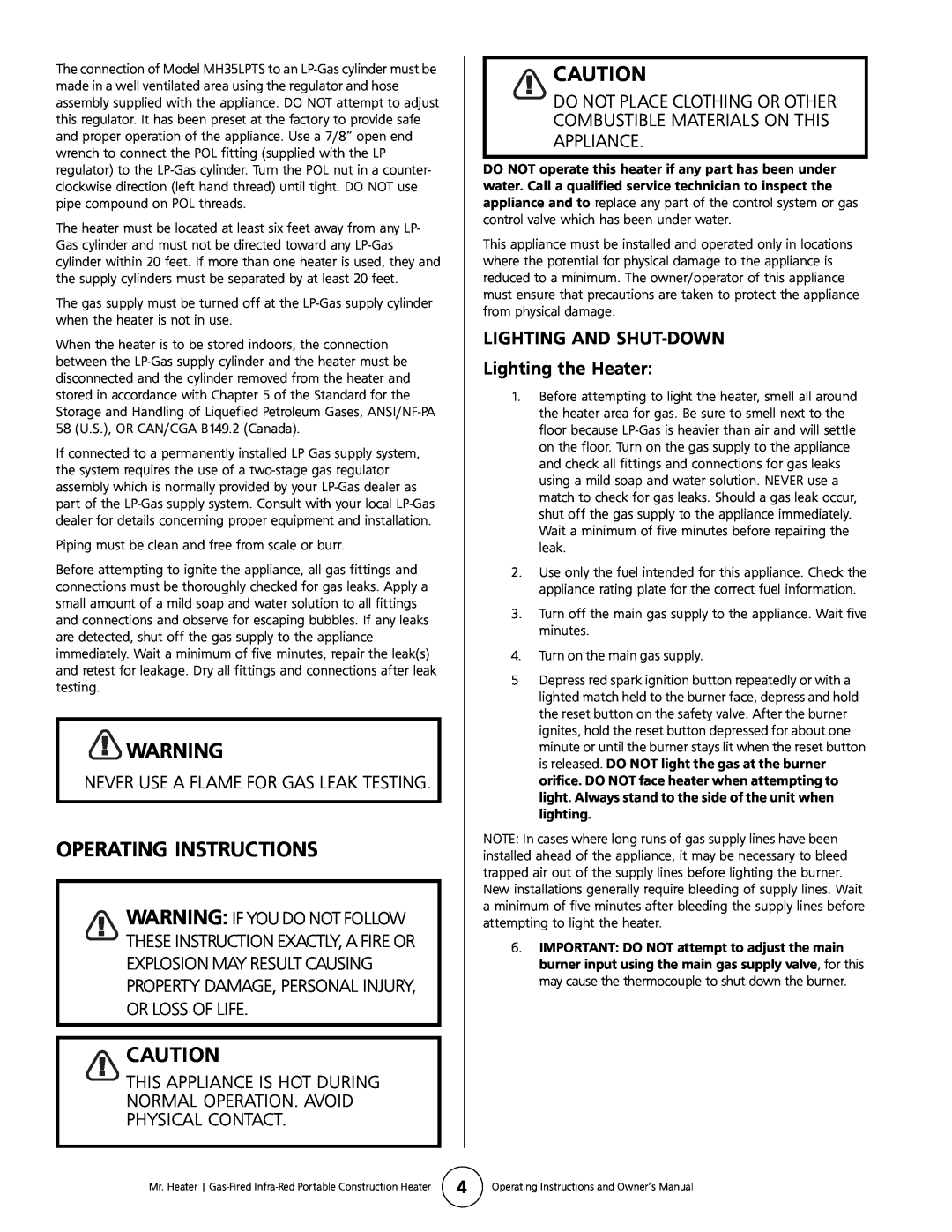 Mr. Heater MH35LPTS owner manual Operating Instructions, LIGHTING AND SHUT-DOWN Lighting the Heater 