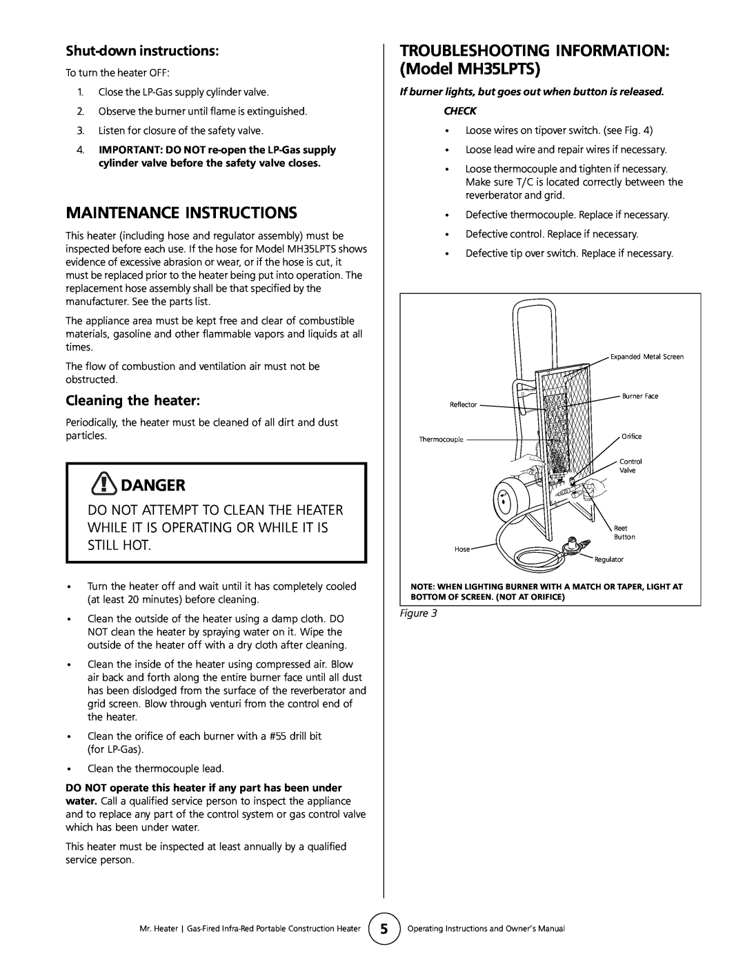 Mr. Heater MH35LPTS owner manual Maintenance Instructions, Danger, Shut-downinstructions, Cleaning the heater, Check 