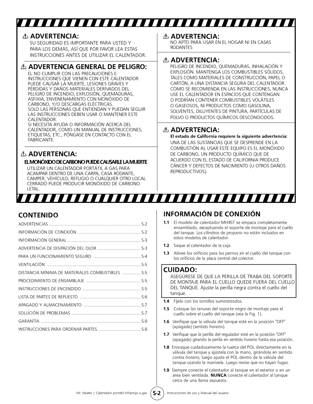 Mr. Heater MH45T owner manual Contenido, Información De Conexión, Cuidado, Advertencia General De Peligro 