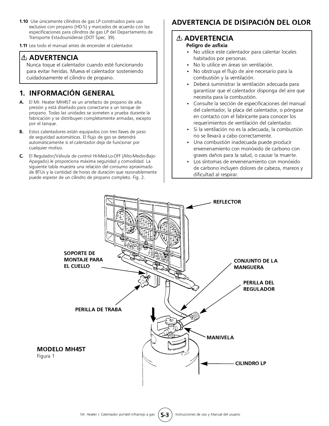 Mr. Heater Información General, Advertencia De Disipación Del Olor Advertencia, MODELO MH45T, Perilla De Traba 